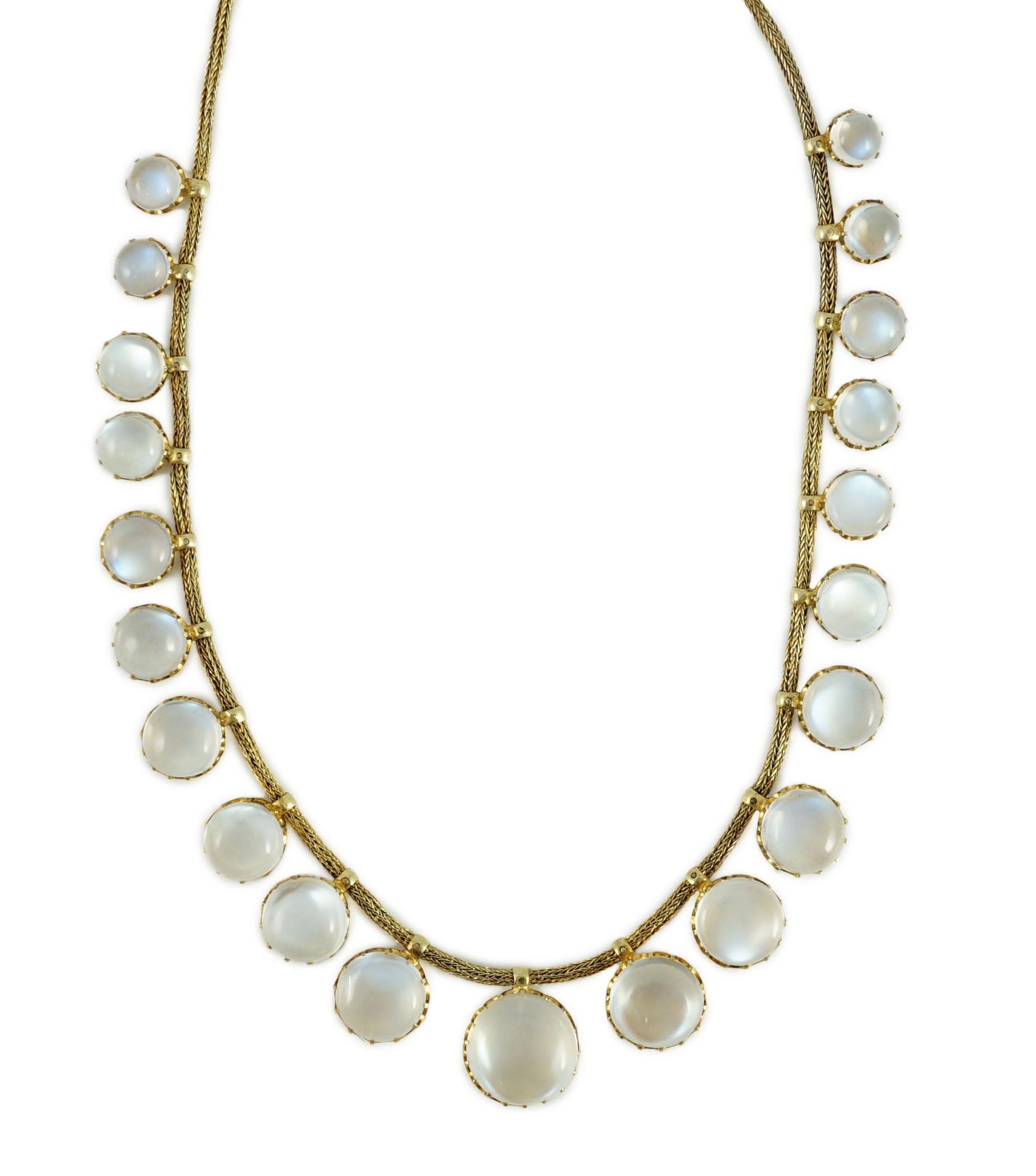 A gold and graduated twenty one stone cabochon moonstone set fringe necklace